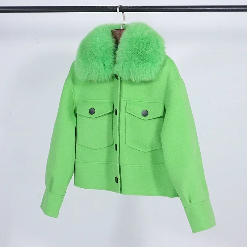Wool Women Fur Coat New Autumn Winter Real Fox Fur Collar 10% Cashmere 90% Wool Fur Jacket Short Casual Loose Wool Coat