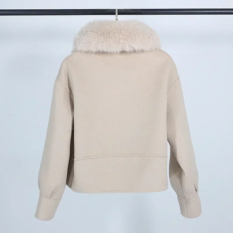 Wool Women Fur Coat New Autumn Winter Real Fox Fur Collar 10% Cashmere 90% Wool Fur Jacket Short Casual Loose Wool Coat