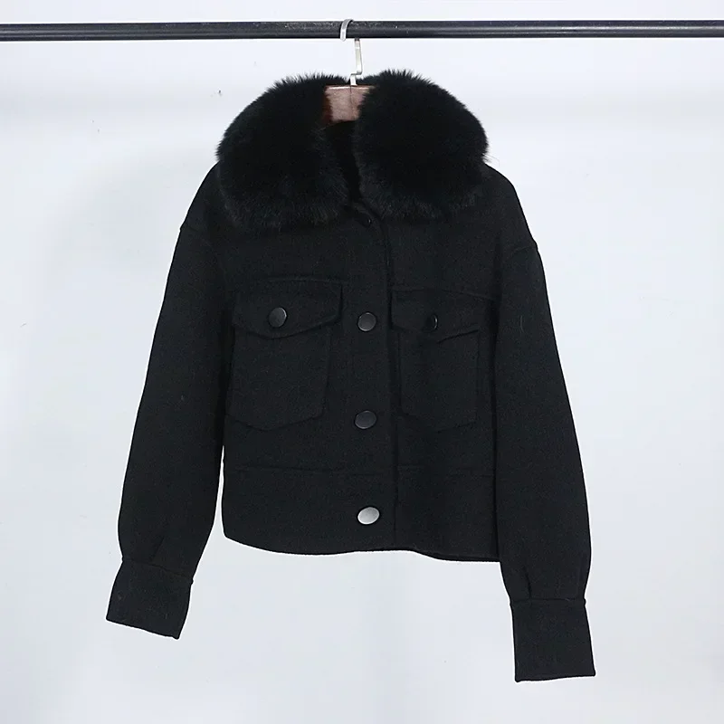 Wool Women Fur Coat New Autumn Winter Real Fox Fur Collar 10% Cashmere 90% Wool Fur Jacket Short Casual Loose Wool Coat