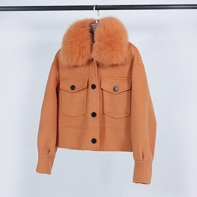 Wool Women Fur Coat New Autumn Winter Real Fox Fur Collar 10% Cashmere 90% Wool Fur Jacket Short Casual Loose Wool Coat