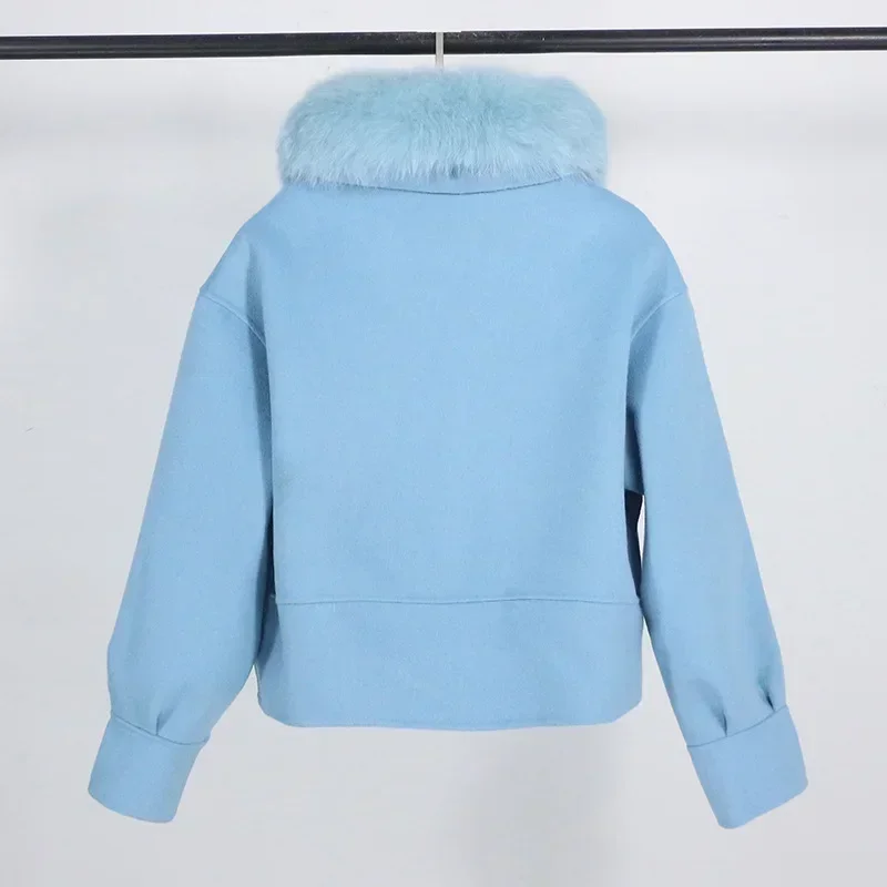 Wool Women Fur Coat New Autumn Winter Real Fox Fur Collar 10% Cashmere 90% Wool Fur Jacket Short Casual Loose Wool Coat