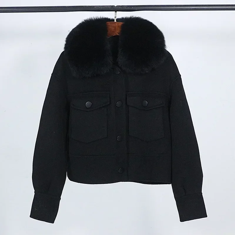 Wool Women Fur Coat New Autumn Winter Real Fox Fur Collar 10% Cashmere 90% Wool Fur Jacket Short Casual Loose Wool Coat
