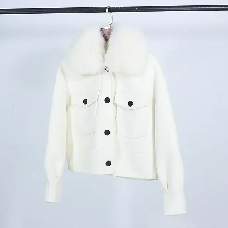 Wool Women Fur Coat New Autumn Winter Real Fox Fur Collar 10% Cashmere 90% Wool Fur Jacket Short Casual Loose Wool Coat