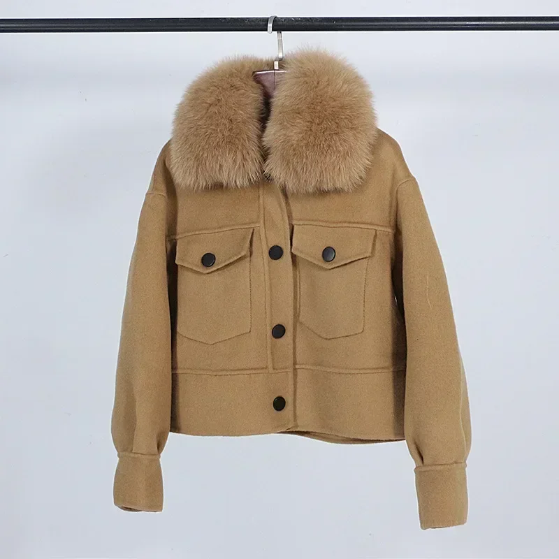 Wool Women Fur Coat New Autumn Winter Real Fox Fur Collar 10% Cashmere 90% Wool Fur Jacket Short Casual Loose Wool Coat