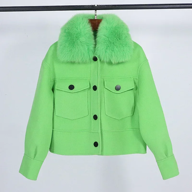 Wool Women Fur Coat New Autumn Winter Real Fox Fur Collar 10% Cashmere 90% Wool Fur Jacket Short Casual Loose Wool Coat