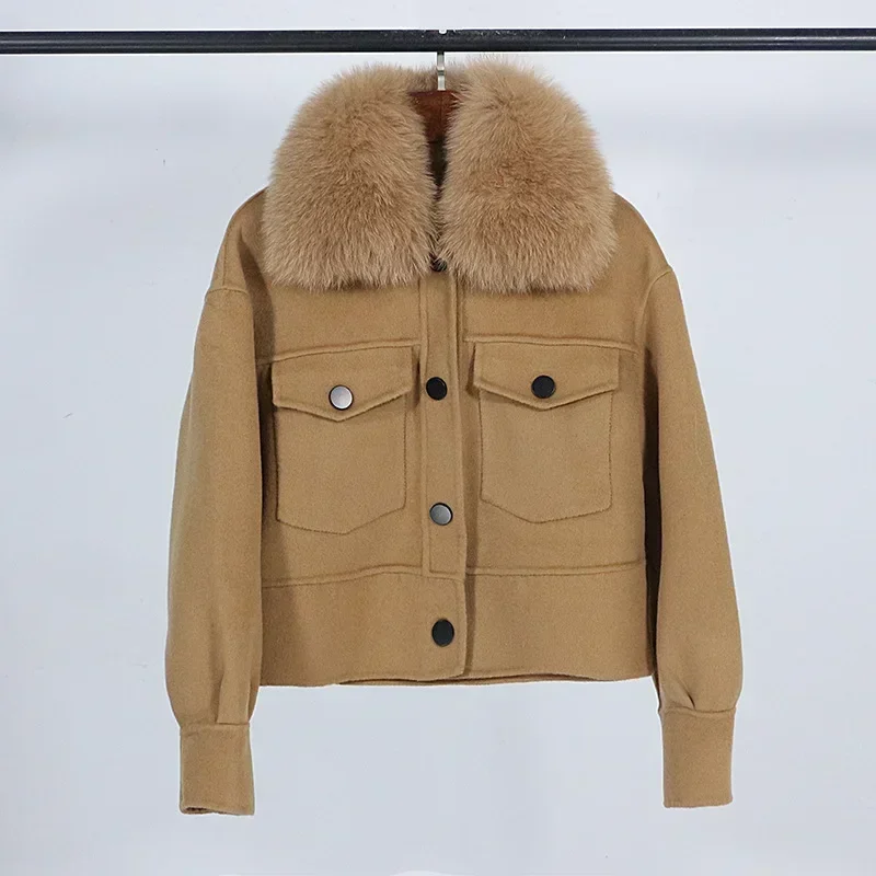 Wool Women Fur Coat New Autumn Winter Real Fox Fur Collar 10% Cashmere 90% Wool Fur Jacket Short Casual Loose Wool Coat
