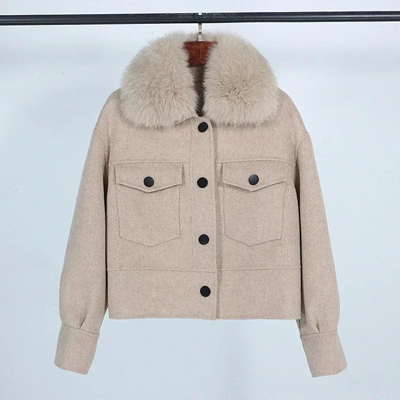 Wool Women Fur Coat New Autumn Winter Real Fox Fur Collar 10% Cashmere 90% Wool Fur Jacket Short Casual Loose Wool Coat