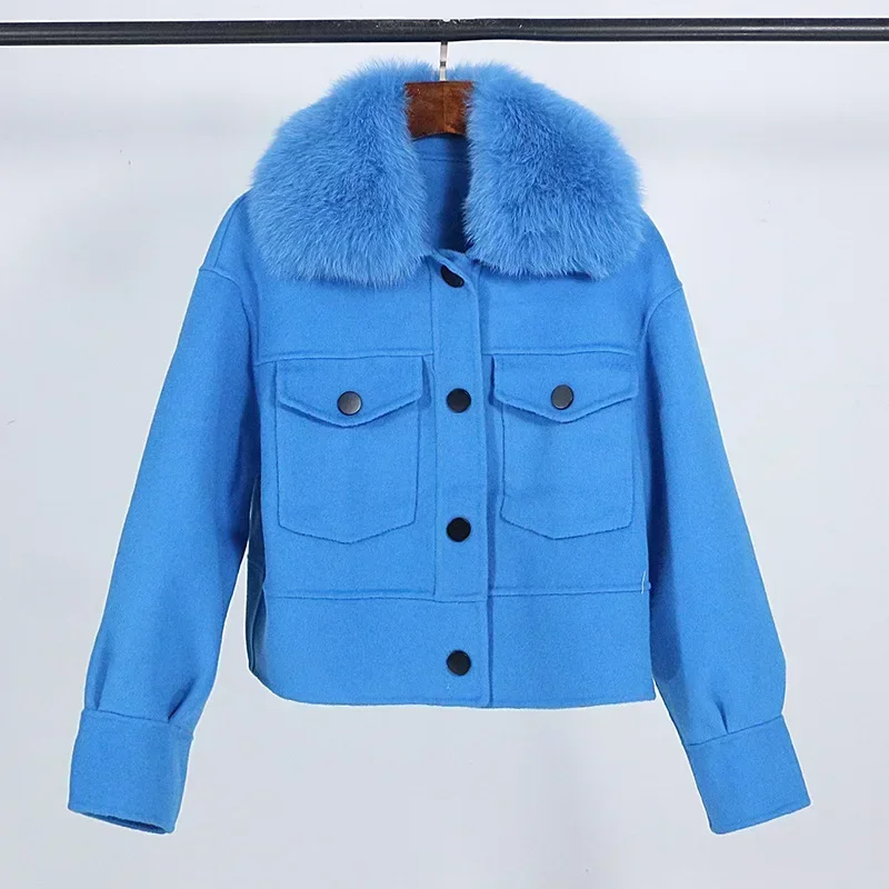 Wool Women Fur Coat New Autumn Winter Real Fox Fur Collar 10% Cashmere 90% Wool Fur Jacket Short Casual Loose Wool Coat