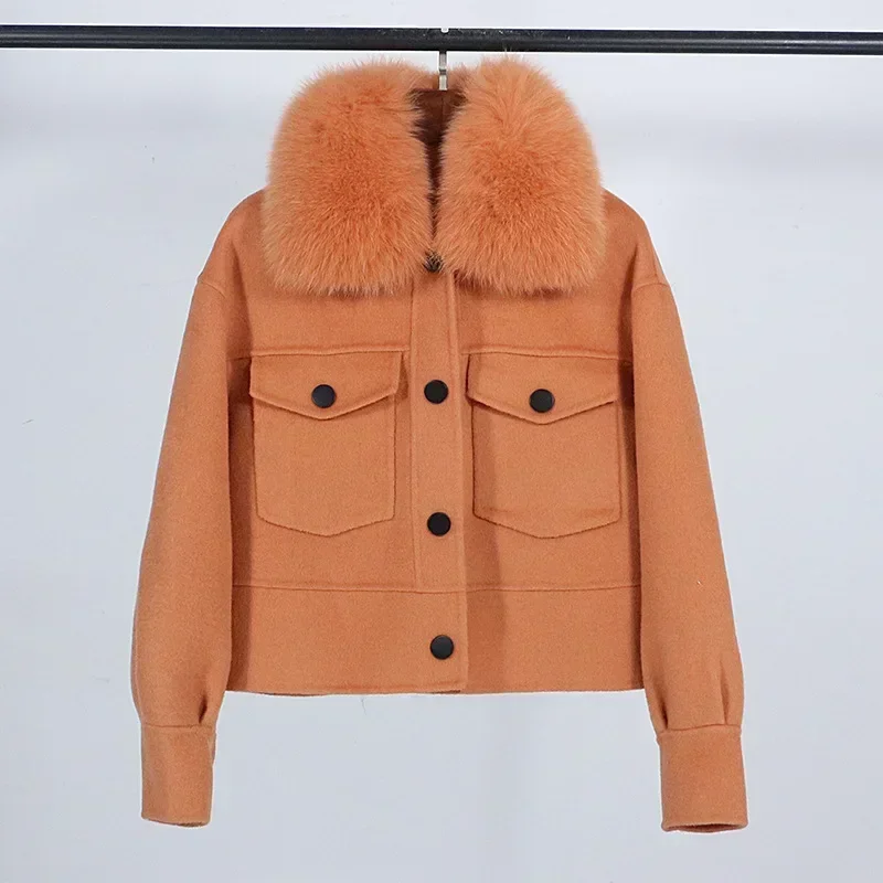 Wool Women Fur Coat New Autumn Winter Real Fox Fur Collar 10% Cashmere 90% Wool Fur Jacket Short Casual Loose Wool Coat