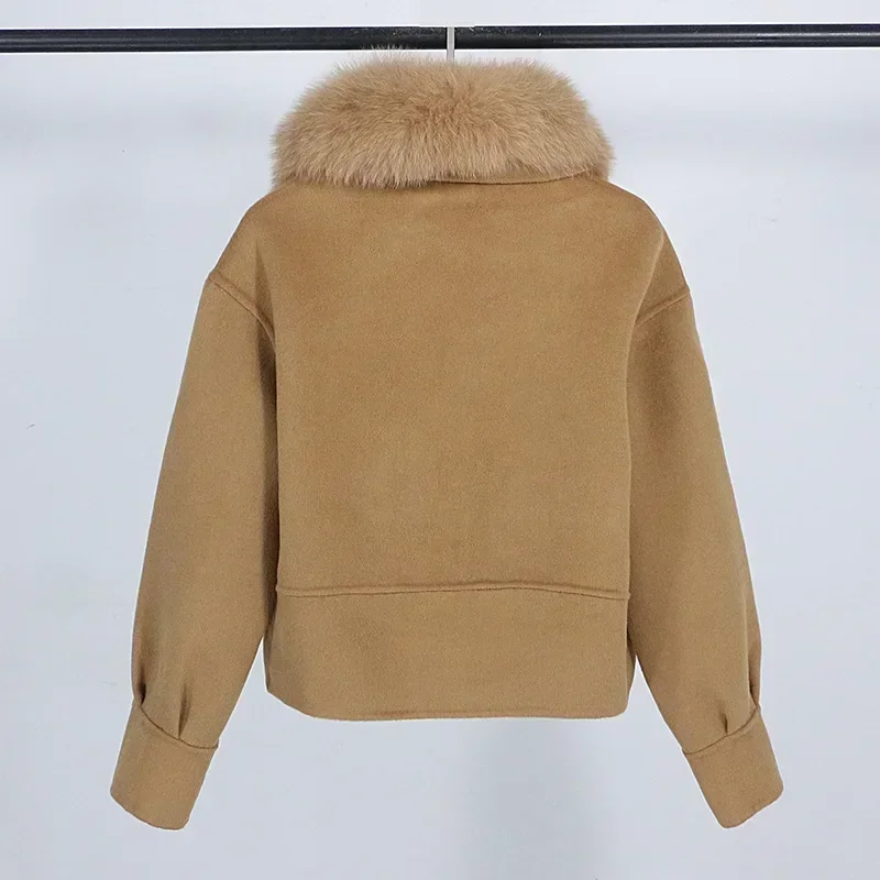 Wool Women Fur Coat New Autumn Winter Real Fox Fur Collar 10% Cashmere 90% Wool Fur Jacket Short Casual Loose Wool Coat