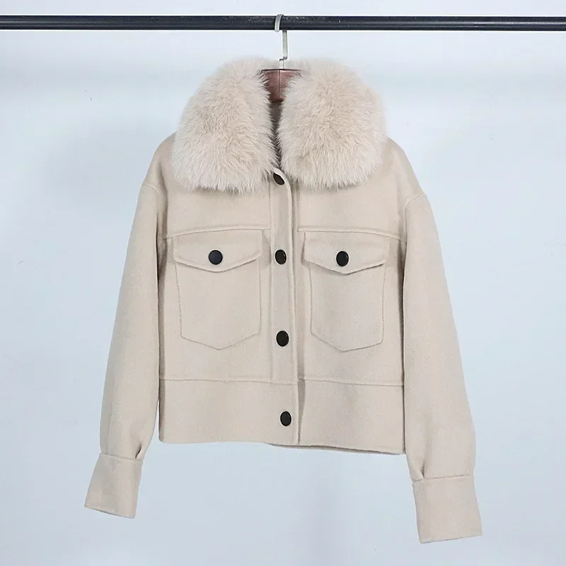 Wool Women Fur Coat New Autumn Winter Real Fox Fur Collar 10% Cashmere 90% Wool Fur Jacket Short Casual Loose Wool Coat