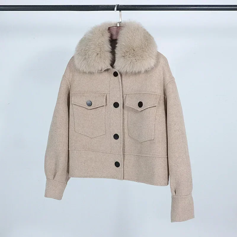 Wool Women Fur Coat New Autumn Winter Real Fox Fur Collar 10% Cashmere 90% Wool Fur Jacket Short Casual Loose Wool Coat