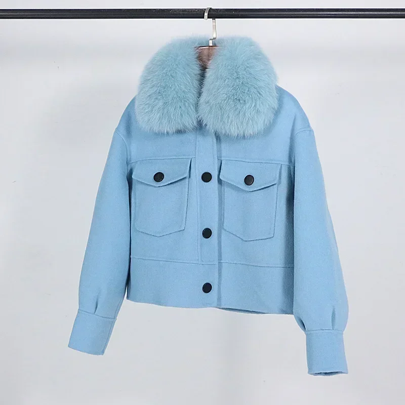 Wool Women Fur Coat New Autumn Winter Real Fox Fur Collar 10% Cashmere 90% Wool Fur Jacket Short Casual Loose Wool Coat