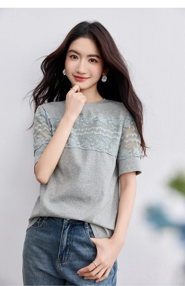 SENTUBILA Women's Knit T-shirt Lace Spliced High Quality Short Sleeve Tee 2026 New Collection Women Summer Top Clothes Q52TL1940
