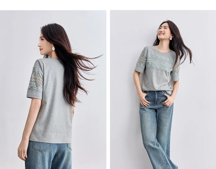 SENTUBILA Women's Knit T-shirt Lace Spliced High Quality Short Sleeve Tee 2026 New Collection Women Summer Top Clothes Q52TL1940