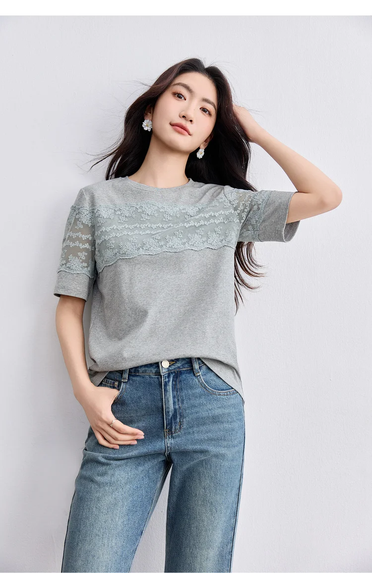 SENTUBILA Women's Knit T-shirt Lace Spliced High Quality Short Sleeve Tee 2026 New Collection Women Summer Top Clothes Q52TL1940