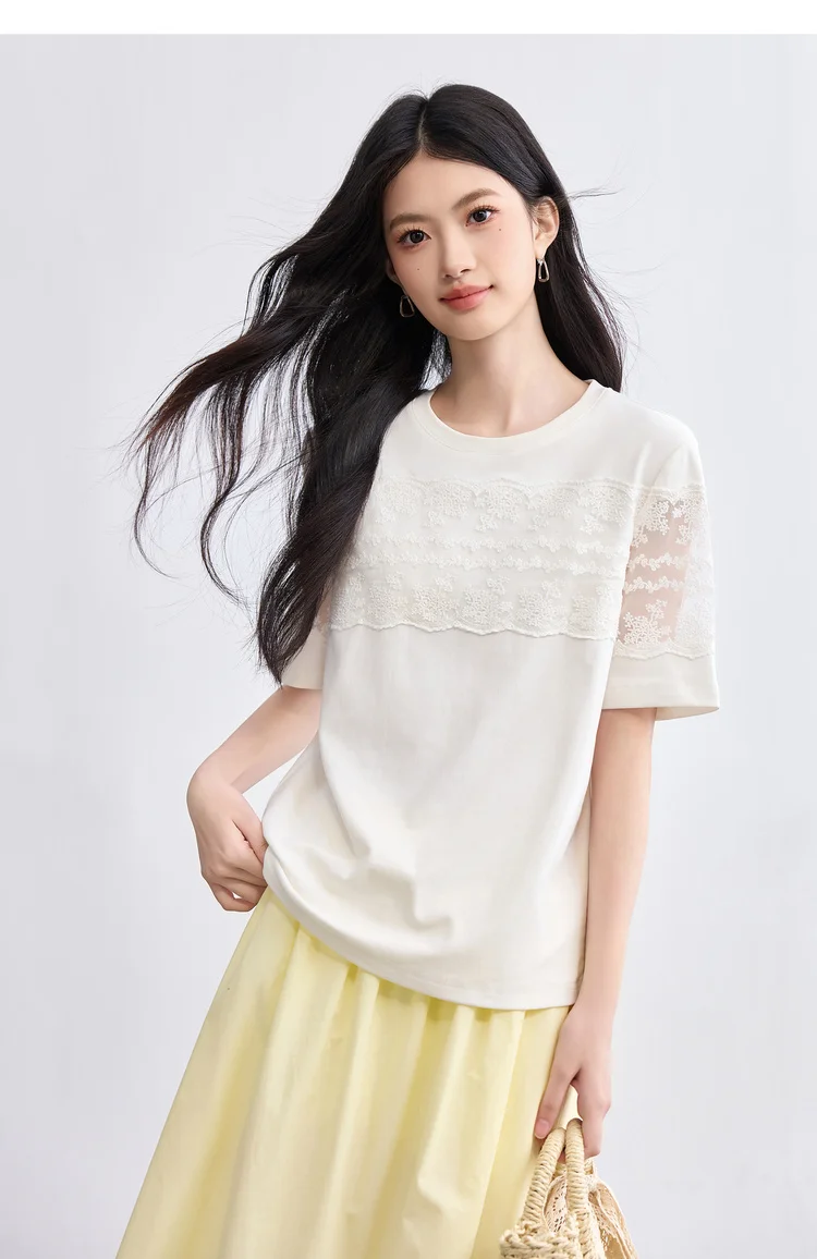 SENTUBILA Women's Knit T-shirt Lace Spliced High Quality Short Sleeve Tee 2026 New Collection Women Summer Top Clothes Q52TL1940