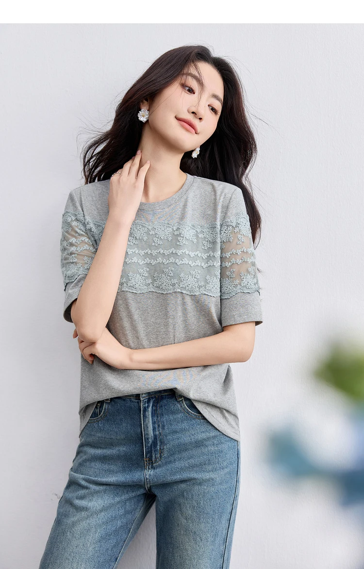 SENTUBILA Women's Knit T-shirt Lace Spliced High Quality Short Sleeve Tee 2026 New Collection Women Summer Top Clothes Q52TL1940