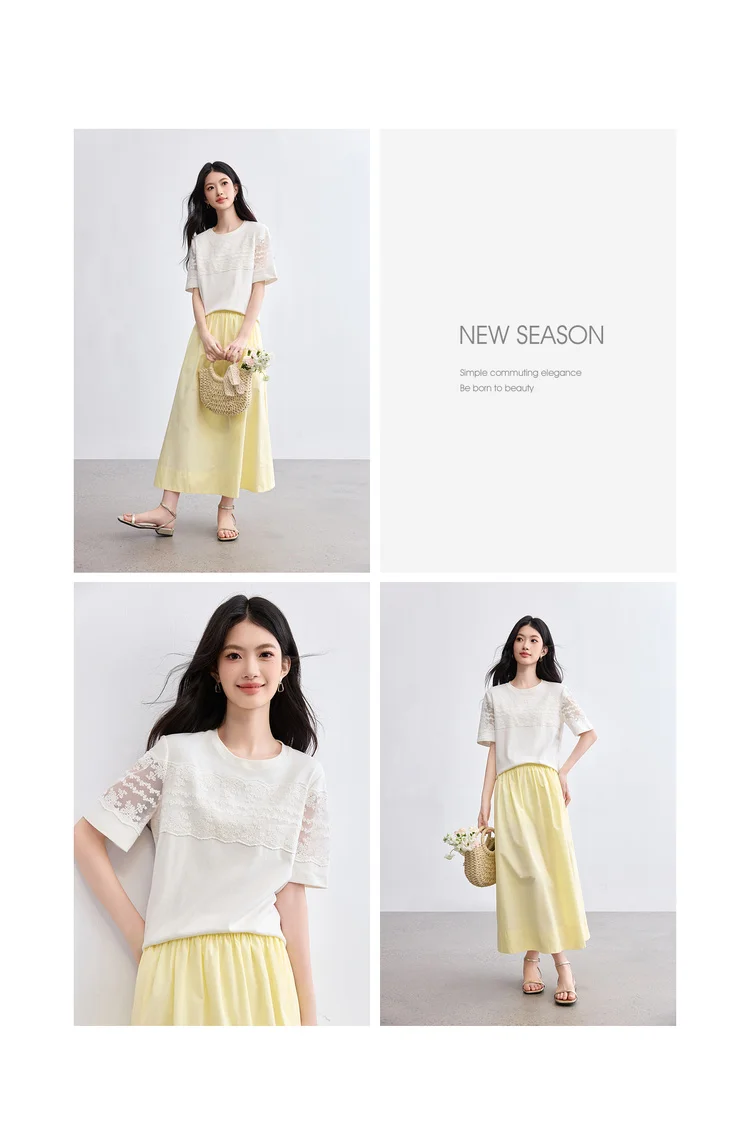 SENTUBILA Women's Knit T-shirt Lace Spliced High Quality Short Sleeve Tee 2026 New Collection Women Summer Top Clothes Q52TL1940