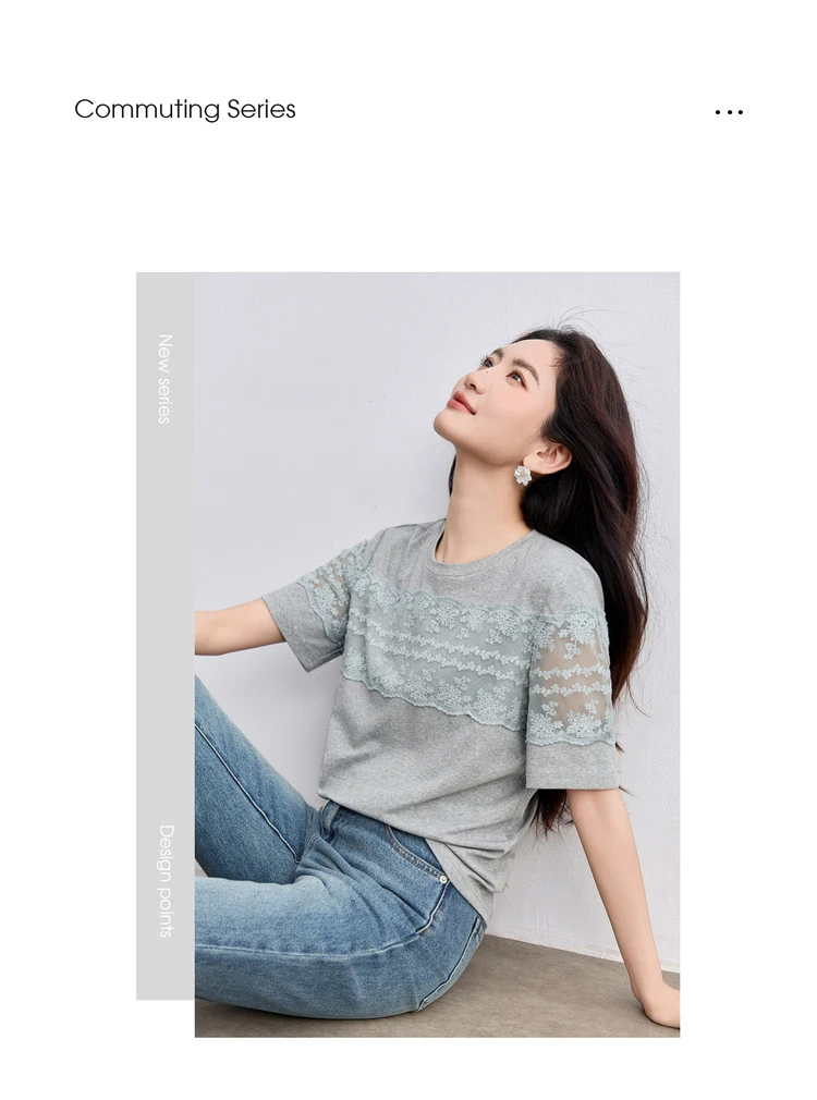 SENTUBILA Women's Knit T-shirt Lace Spliced High Quality Short Sleeve Tee 2026 New Collection Women Summer Top Clothes Q52TL1940