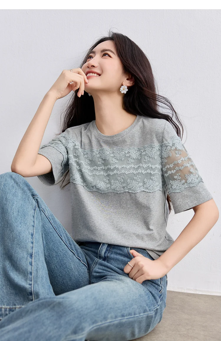 SENTUBILA Women's Knit T-shirt Lace Spliced High Quality Short Sleeve Tee 2026 New Collection Women Summer Top Clothes Q52TL1940