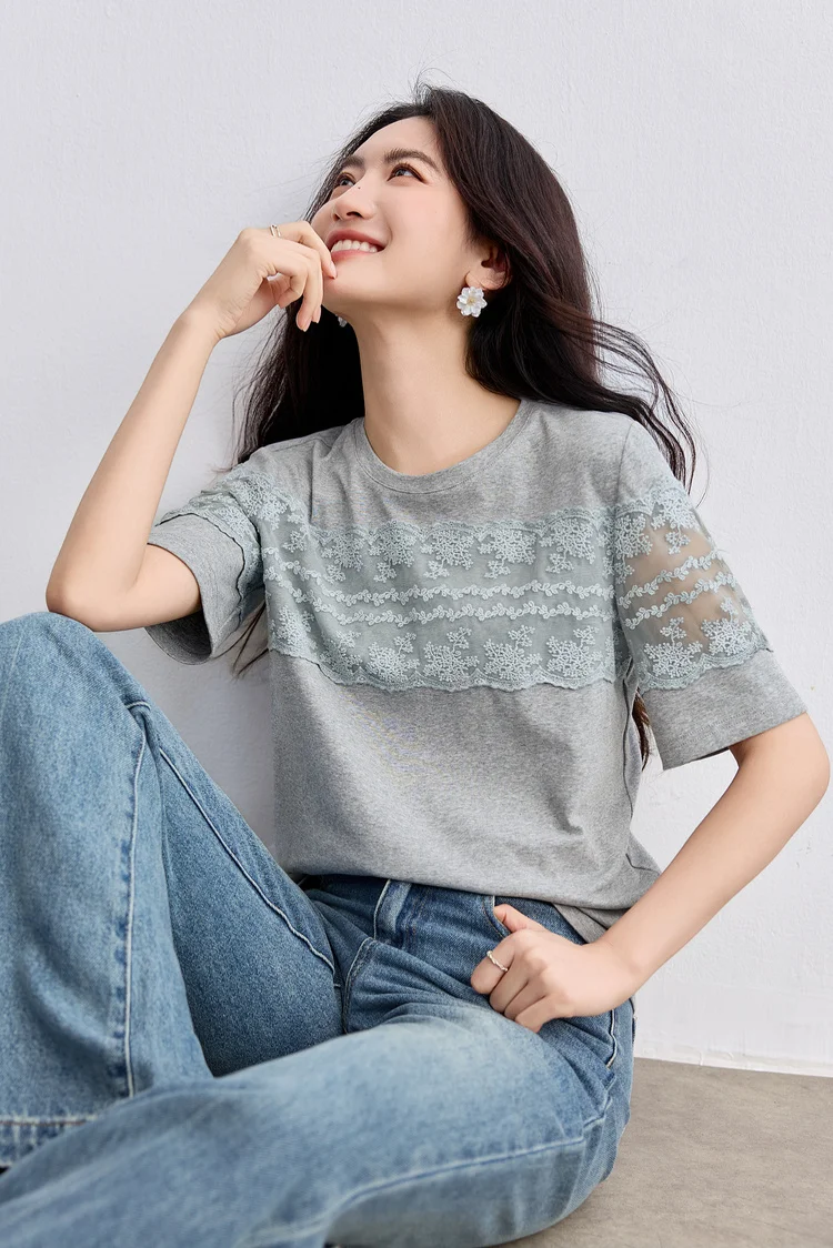 SENTUBILA Women's Knit T-shirt Lace Spliced High Quality Short Sleeve Tee 2026 New Collection Women Summer Top Clothes Q52TL1940