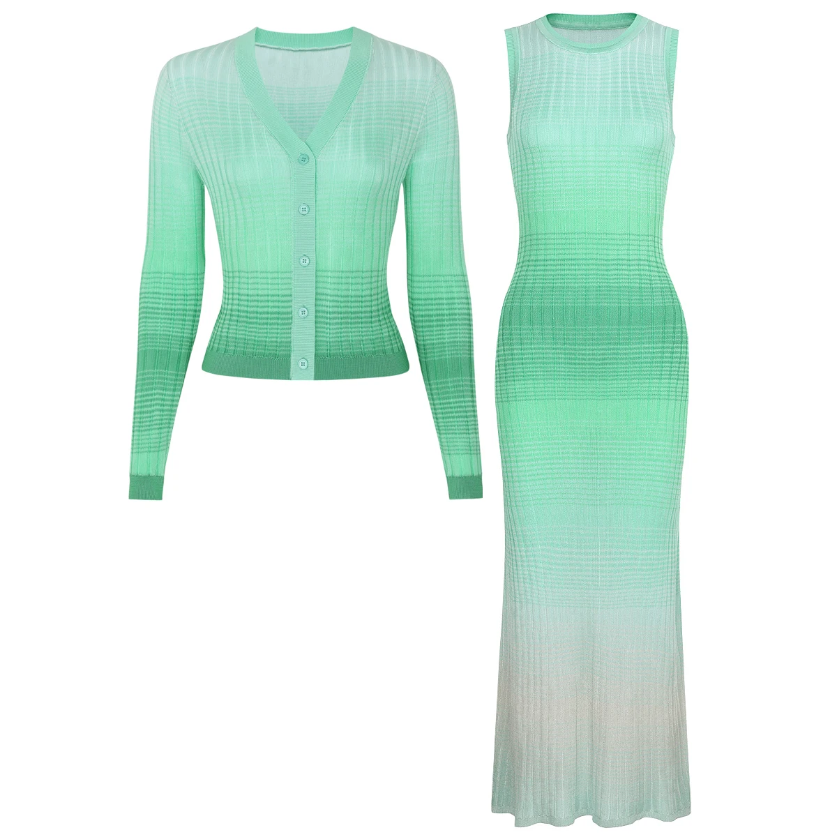 High Quality Spring And Autumn New Fashion Knitted Elastic Stripe Gradient Women's Cardigan+sleeveless Dress Women's Set