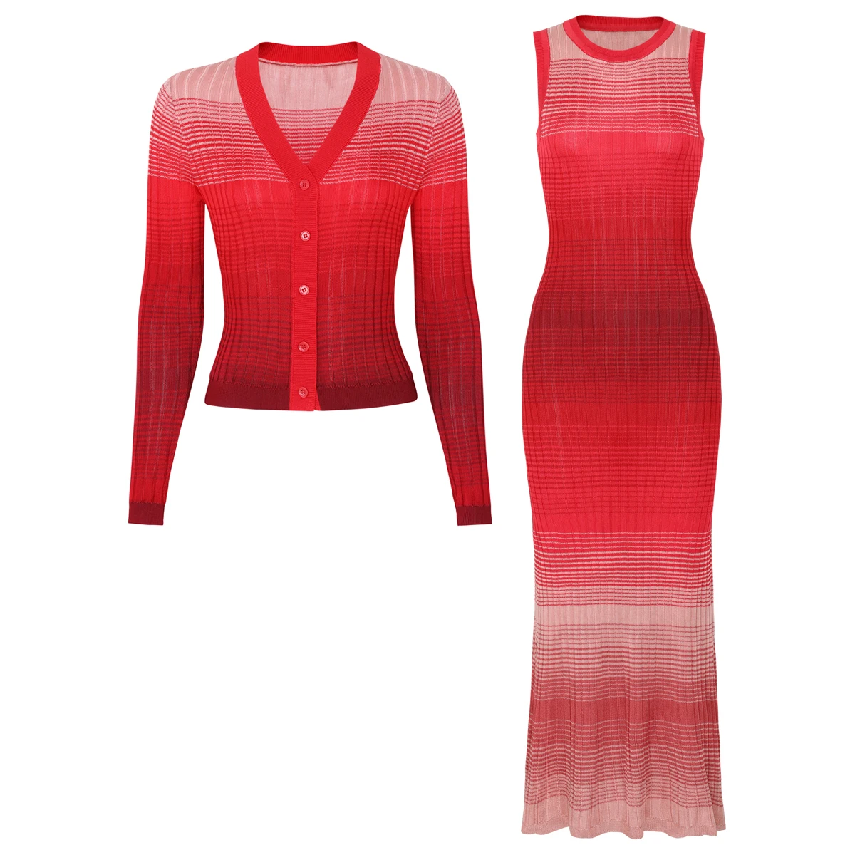 High Quality Spring And Autumn New Fashion Knitted Elastic Stripe Gradient Women's Cardigan+sleeveless Dress Women's Set