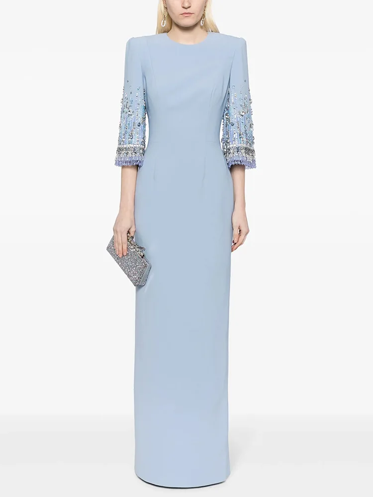 HIGH STREET Newest Fashion 2026 S/S Designer Vestido Women's Half Sleeve Stunning Beaded Long Maxi Dress