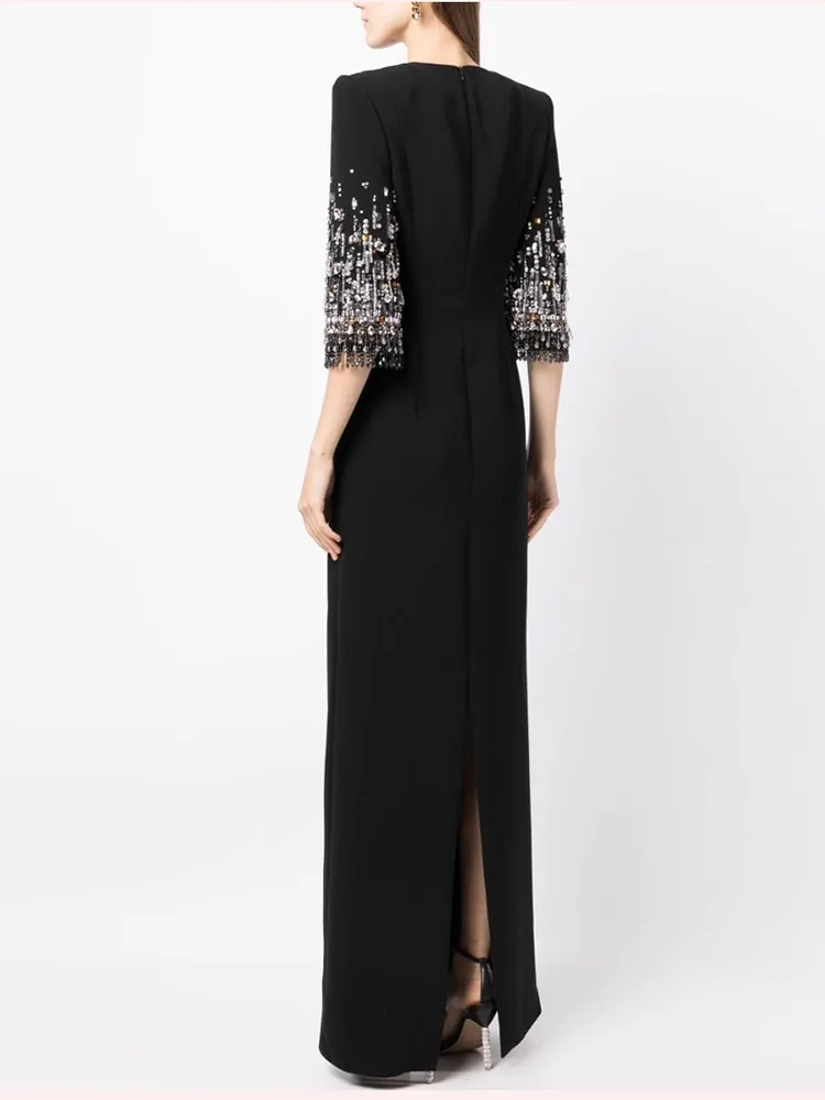 HIGH STREET Newest Fashion 2026 S/S Designer Vestido Women's Half Sleeve Stunning Beaded Long Maxi Dress