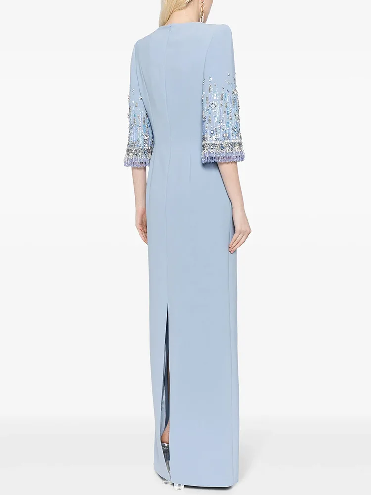 HIGH STREET Newest Fashion 2026 S/S Designer Vestido Women's Half Sleeve Stunning Beaded Long Maxi Dress