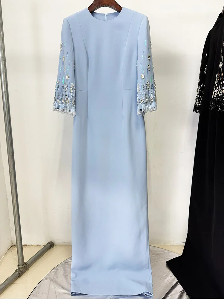 HIGH STREET Newest Fashion 2026 S/S Designer Vestido Women's Half Sleeve Stunning Beaded Long Maxi Dress