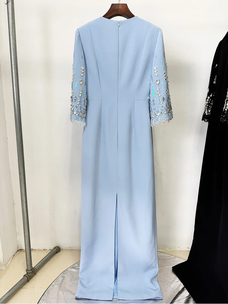 HIGH STREET Newest Fashion 2026 S/S Designer Vestido Women's Half Sleeve Stunning Beaded Long Maxi Dress