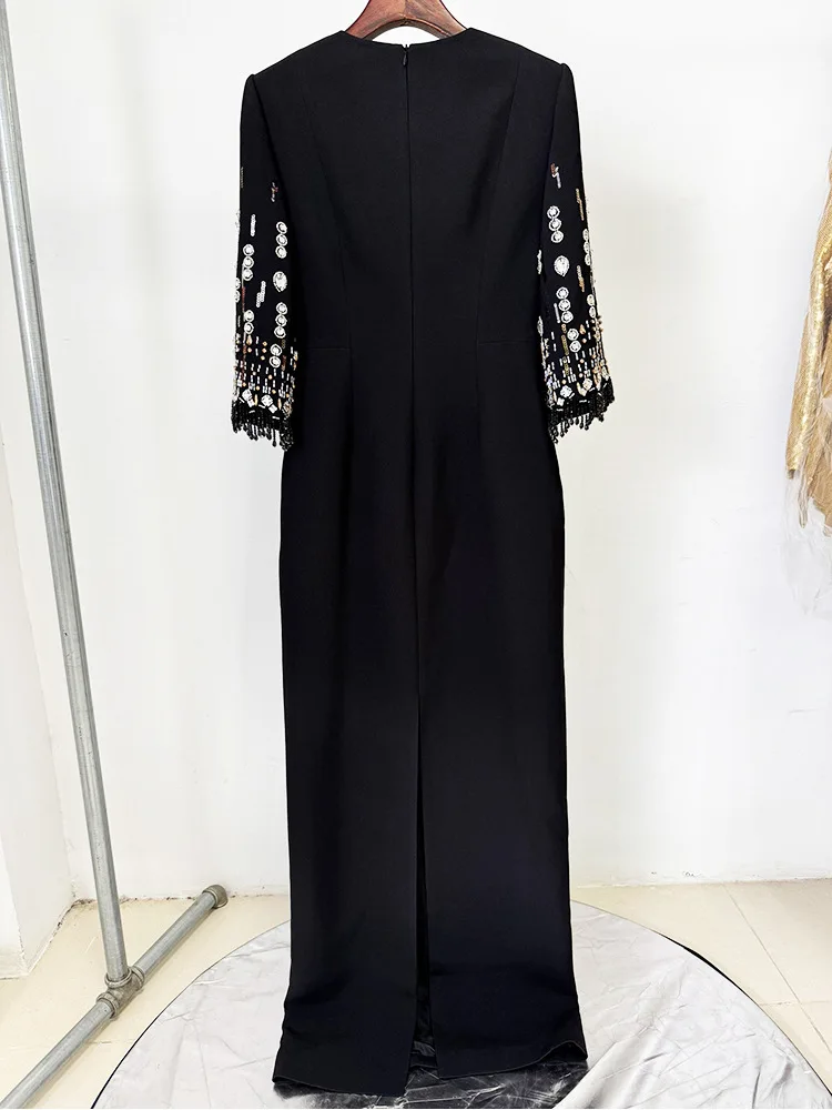 HIGH STREET Newest Fashion 2026 S/S Designer Vestido Women's Half Sleeve Stunning Beaded Long Maxi Dress