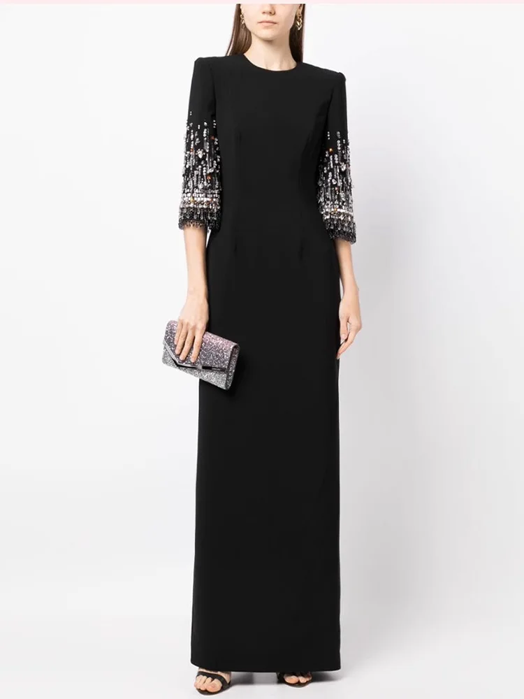 HIGH STREET Newest Fashion 2026 S/S Designer Vestido Women's Half Sleeve Stunning Beaded Long Maxi Dress