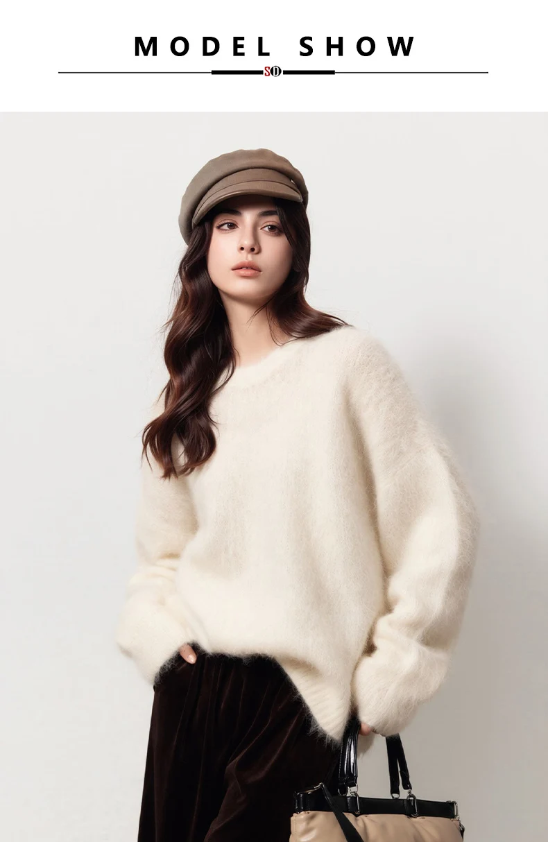 SuyaDream Warm Alpaca Pullovers for Woman, Dropped Sleeved Loose Sweaters, Brushed Wool Knit Sweater, 2026 Fall Winter Top