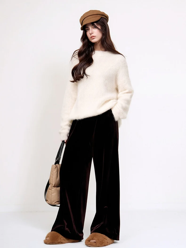 SuyaDream Warm Alpaca Pullovers for Woman, Dropped Sleeved Loose Sweaters, Brushed Wool Knit Sweater, 2026 Fall Winter Top