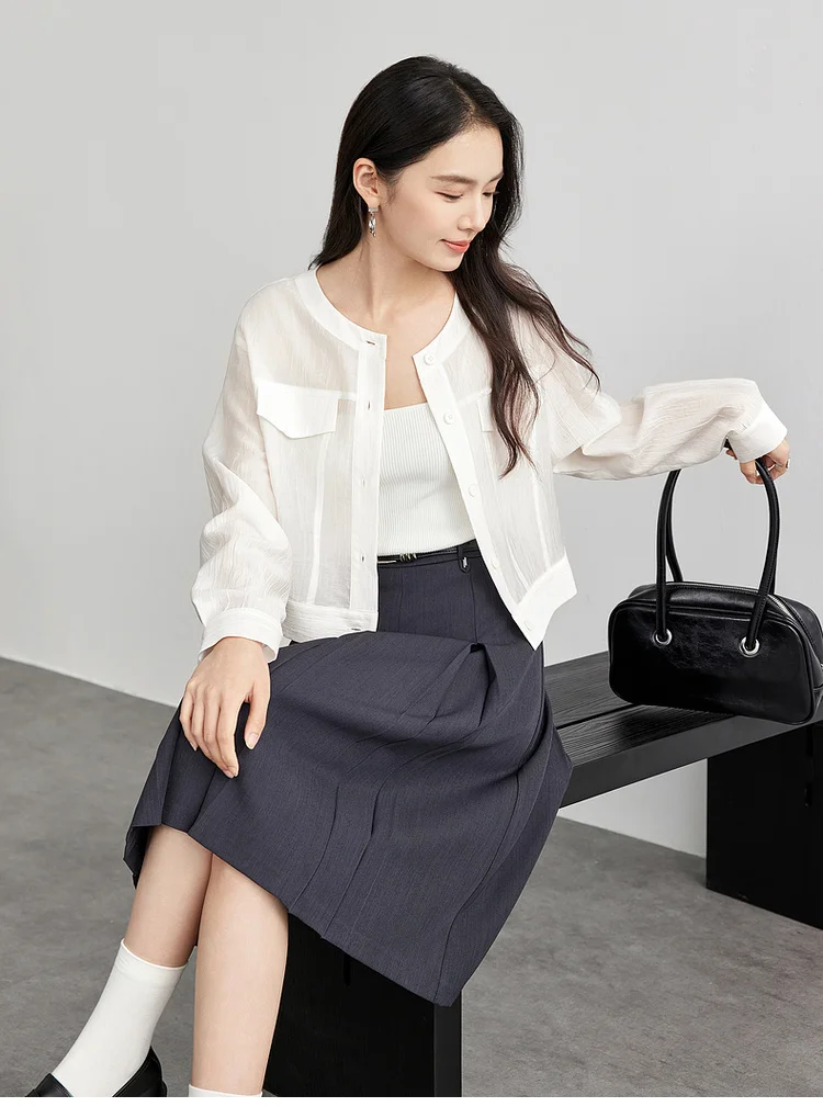 SENTUBILA Lyocell Women Shirt Shacket Single Breasted Long Sleeve Tops 2026 Spring Autumn Cropped Shirts & Blouses 151C57854