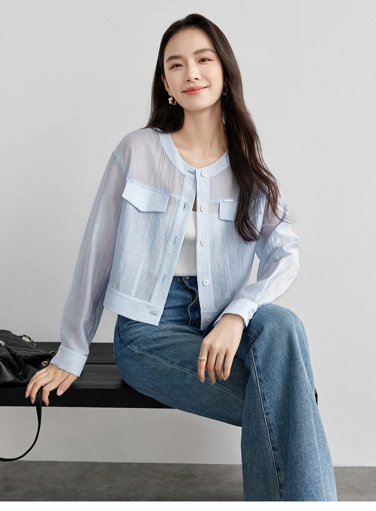 SENTUBILA Lyocell Women Shirt Shacket Single Breasted Long Sleeve Tops 2026 Spring Autumn Cropped Shirts & Blouses 151C57854