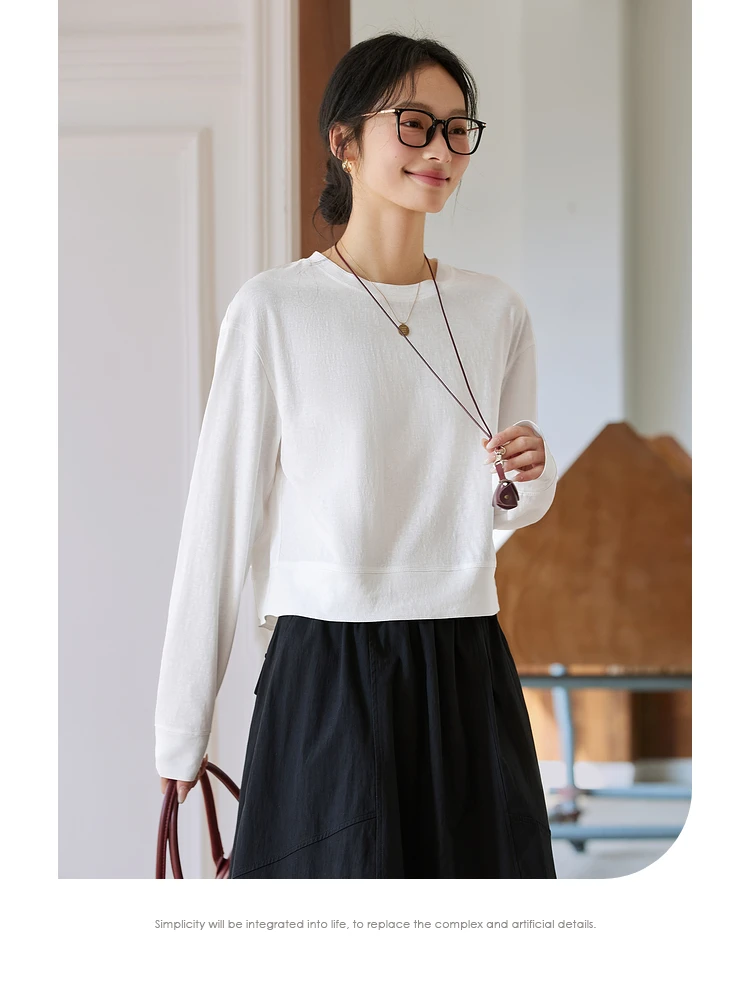 VIMLY Women's Cotton White Tees 2026 Spring Round Neck Pullover Long Sleeve T-shirt Casual Loose Tops for Woman Clothes A0712