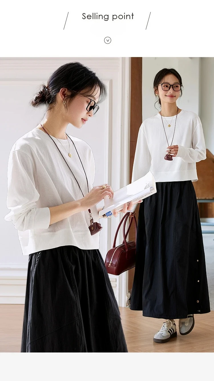 VIMLY Women's Cotton White Tees 2026 Spring Round Neck Pullover Long Sleeve T-shirt Casual Loose Tops for Woman Clothes A0712