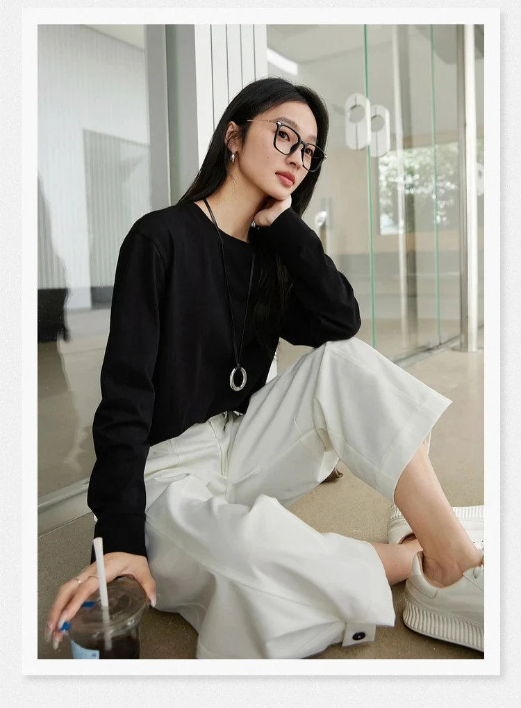 VIMLY Women's Cotton White Tees 2026 Spring Round Neck Pullover Long Sleeve T-shirt Casual Loose Tops for Woman Clothes A0712