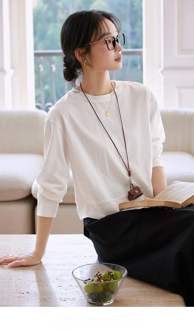 VIMLY Women's Cotton White Tees 2026 Spring Round Neck Pullover Long Sleeve T-shirt Casual Loose Tops for Woman Clothes A0712