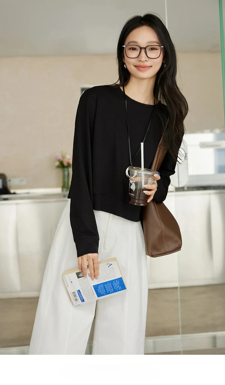 VIMLY Women's Cotton White Tees 2026 Spring Round Neck Pullover Long Sleeve T-shirt Casual Loose Tops for Woman Clothes A0712