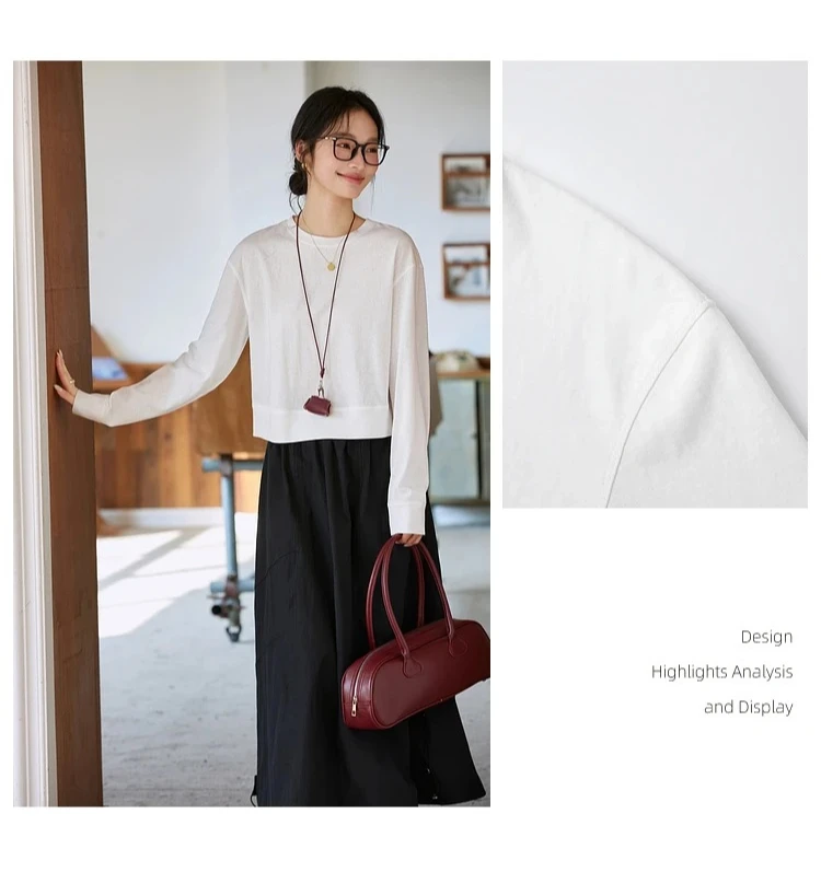 VIMLY Women's Cotton White Tees 2026 Spring Round Neck Pullover Long Sleeve T-shirt Casual Loose Tops for Woman Clothes A0712