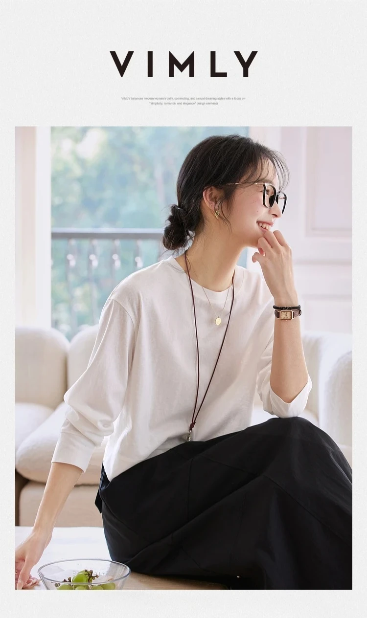 VIMLY Women's Cotton White Tees 2026 Spring Round Neck Pullover Long Sleeve T-shirt Casual Loose Tops for Woman Clothes A0712
