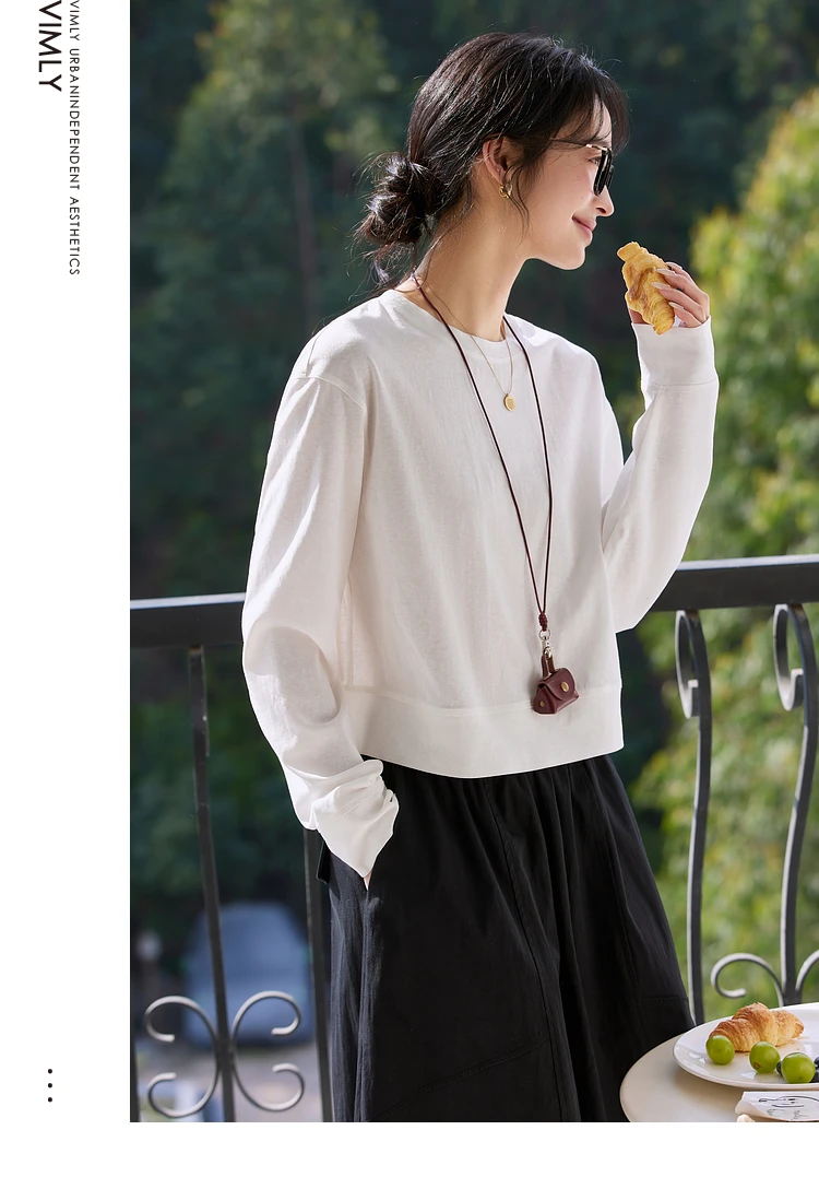 VIMLY Women's Cotton White Tees 2026 Spring Round Neck Pullover Long Sleeve T-shirt Casual Loose Tops for Woman Clothes A0712