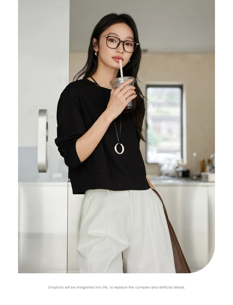 VIMLY Women's Cotton White Tees 2026 Spring Round Neck Pullover Long Sleeve T-shirt Casual Loose Tops for Woman Clothes A0712