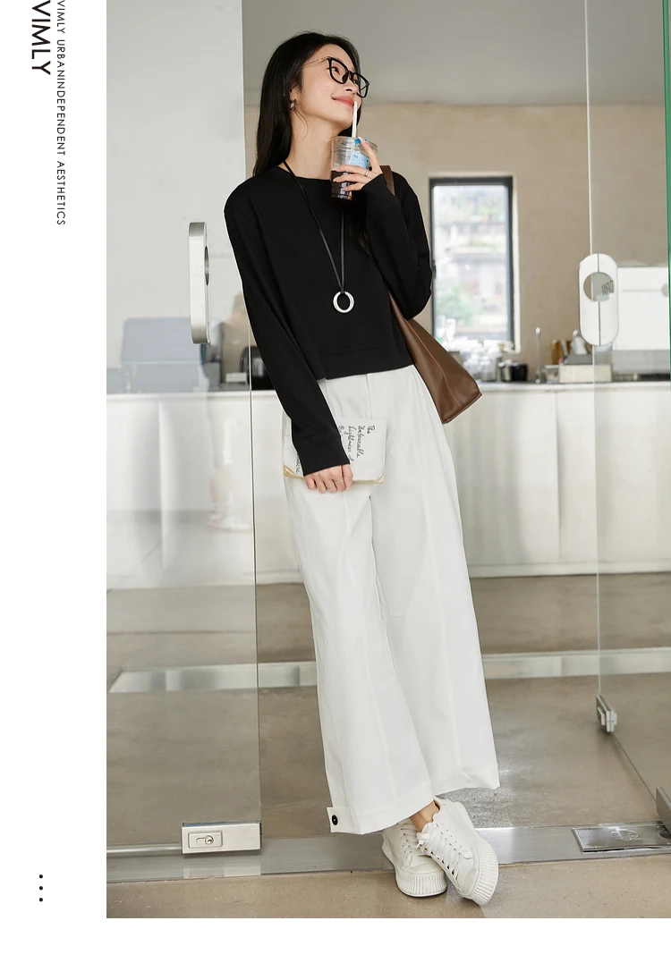 VIMLY Women's Cotton White Tees 2026 Spring Round Neck Pullover Long Sleeve T-shirt Casual Loose Tops for Woman Clothes A0712