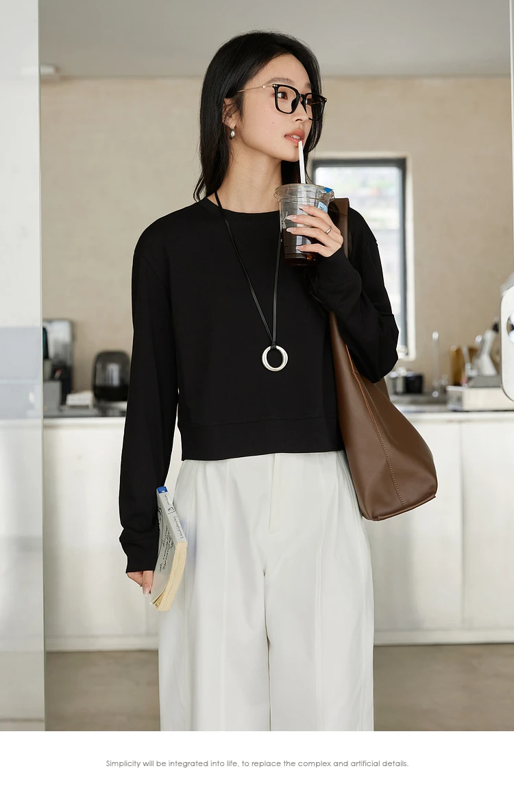 VIMLY Women's Cotton White Tees 2026 Spring Round Neck Pullover Long Sleeve T-shirt Casual Loose Tops for Woman Clothes A0712